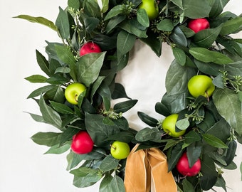 Christmas Fruit Wreath with Apple, Winter Wreath w/ Gold Velvet Bow for Front Door Decor, Williamsburg Style Wreath w/ Fruit, Year Round