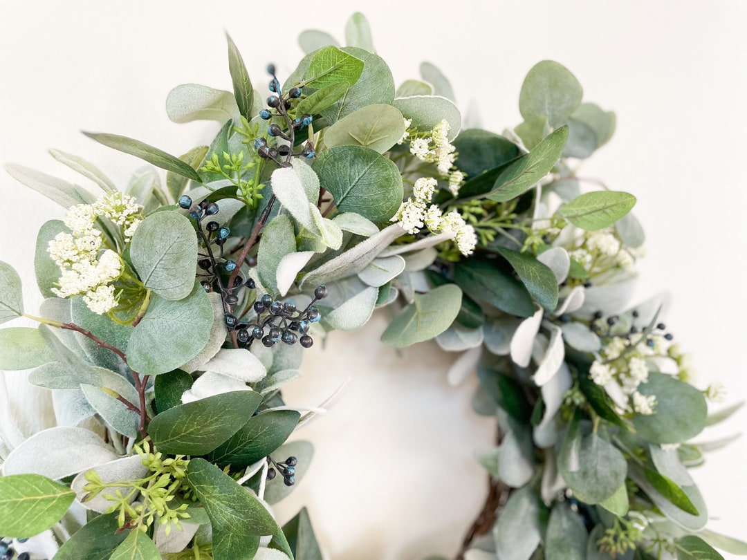 Year Round Lambs Ear Wreath W/blue Berries, Eucalyptus and White Flower ...