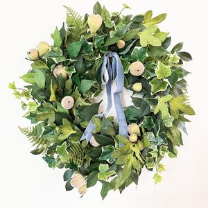 Spring Fruit Wreath with Blue Velvet Bow for Front Door Decor, Everyday Faux Greenery Wreath w/ Figs, Year Round Wreath w/ Ferns and Ivy image 1