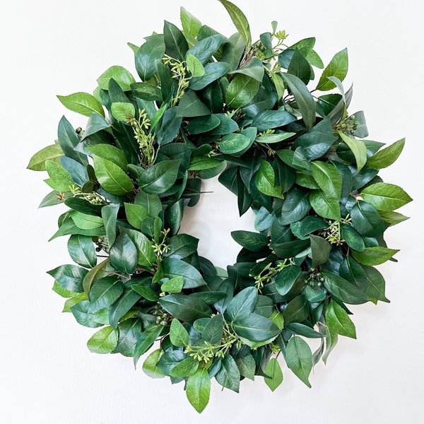 Everyday Wreath with Realistic Faux Greenery for Front Door, All Season Year Round Wreath, Simple Wreath with Laurel Foliage and Berries
