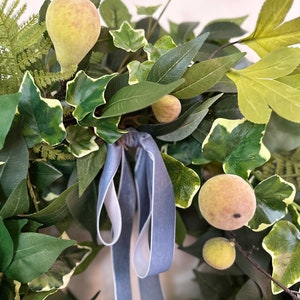 Spring Fruit Wreath with Blue Velvet Bow for Front Door Decor, Everyday Faux Greenery Wreath w/ Figs, Year Round Wreath w/ Ferns and Ivy image 2