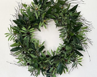 Simple Olive Wreath for Front Door with Bay Leaves and Green Velvet Bow, Minimalist Olive Branch Wreath, Everyday Wreath for Kitchen, Peace