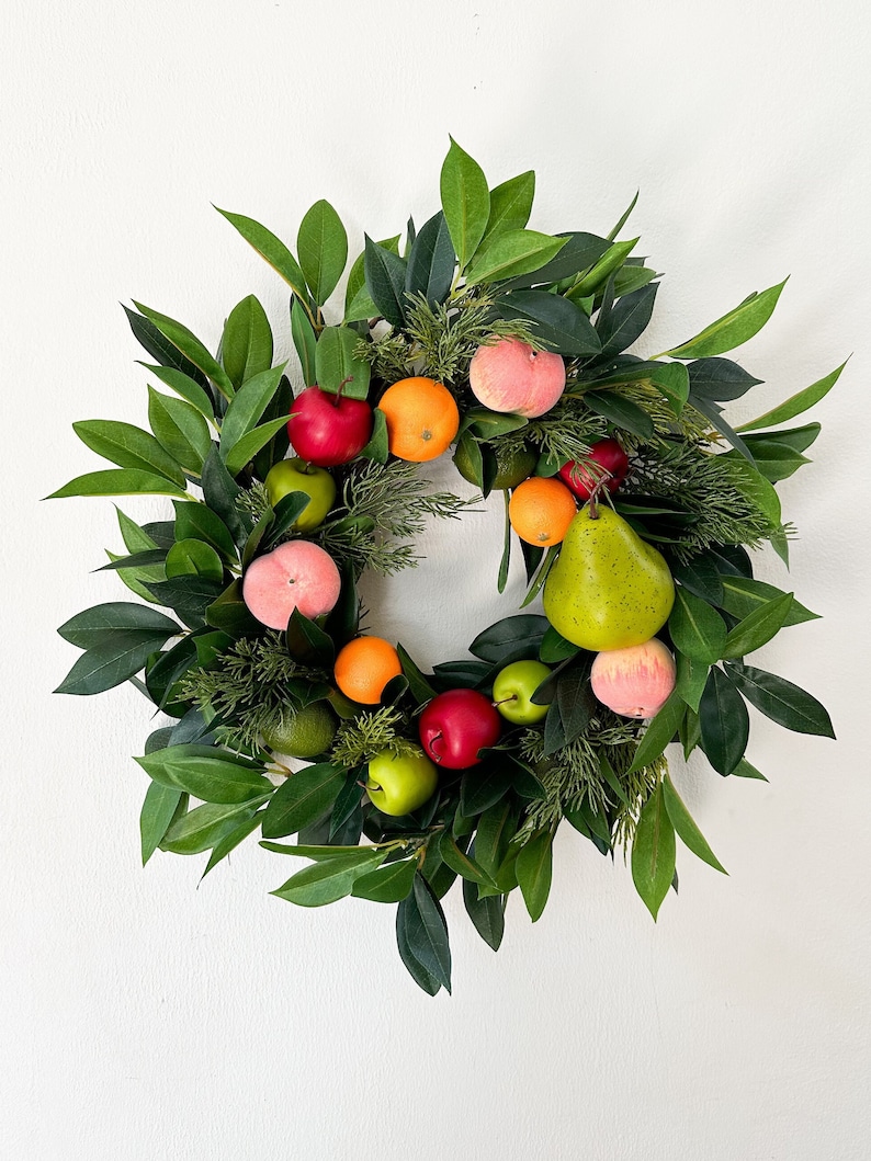 Christmas Fruit Wreath with Laurel Greenery for Front Door, Winter Wreath, Williamsburg Style Wreath w/ Fruit, Seasonal Holiday Decorations image 1