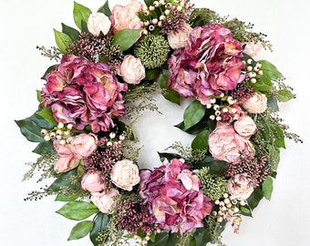 Artificial Hydrangea Wreath with Berries for Front Door, Dried-Look Blush Rose Flower Wreath, Year Round Pink & Cream Faux Floral Wreath