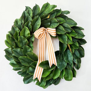 Southern Magnolia Wreath for Everyday with Gold-Striped Bow, Year Round Wreath for Front Door, Gender Neutral Baby Wreath, Bridal Shower