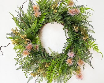 Spring Wreath with Ferns & Pink Thistle, Year Round Faux Greenery Wreath, Every Day Wreath Spring Summer, Wild Woodland Cottage Core Decor