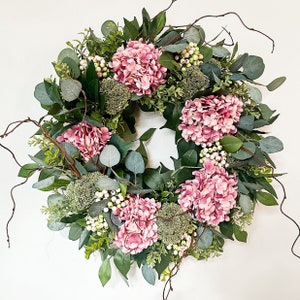 Artificial Hydrangea Wreath with Berries for Front Door, Indoor or Outdoor Everyday Wreath, Year Round Pink and Cream Faux Floral Wreath