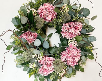 Artificial Hydrangea Wreath with Berries for Front Door, Indoor or Outdoor Everyday Wreath, Year Round Pink and Cream Faux Floral Wreath