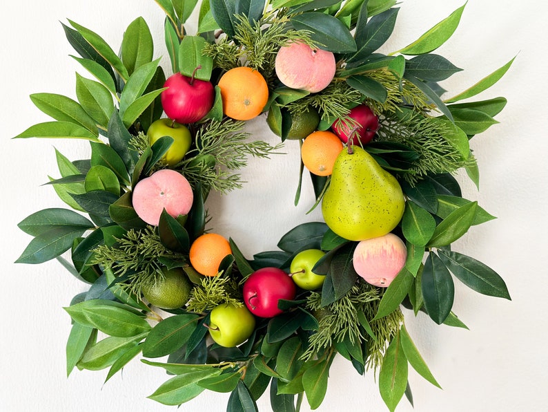 Christmas Fruit Wreath with Laurel Greenery for Front Door, Winter Wreath, Williamsburg Style Wreath w/ Fruit, Seasonal Holiday Decorations image 2