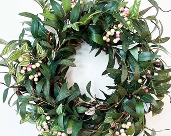 Olive and Berry Wreath, Spring Wreath for Front Door, Minimalist Olive Branch Wreath, Front Door Everyday Wreath, Simple Greenery Wreath
