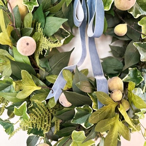 Spring Fruit Wreath with Blue Velvet Bow for Front Door Decor, Everyday Faux Greenery Wreath w/ Figs, Year Round Wreath w/ Ferns and Ivy image 3