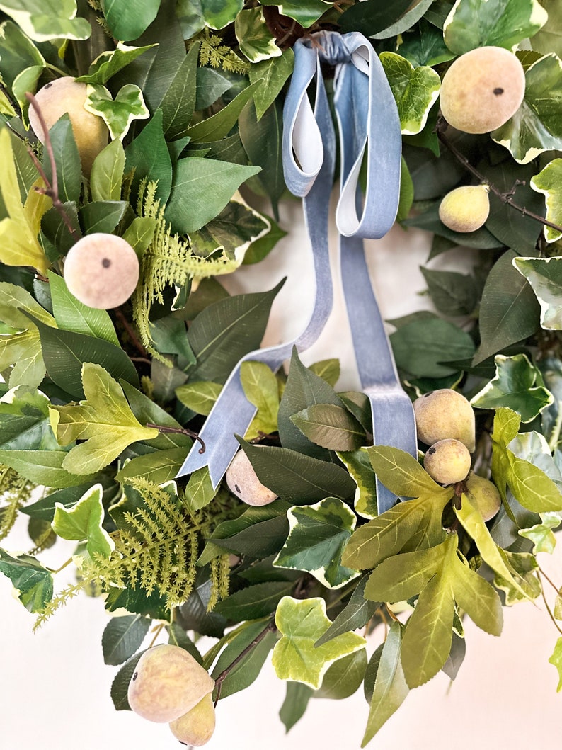 Spring Fruit Wreath with Blue Velvet Bow for Front Door Decor, Everyday Faux Greenery Wreath w/ Figs, Year Round Wreath w/ Ferns and Ivy image 3