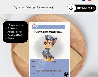 Téléchargement Numérique 4 Cartes d'invitation anniversaire enfant télécharger et imprimer Thème Pat'Patrouille En français Modifiable Canva