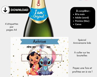 Téléchargement Numérique 4 étiquettes Champomy anniversaire enfant à télécharger et imprimer Thème Lilo & Stitch En français