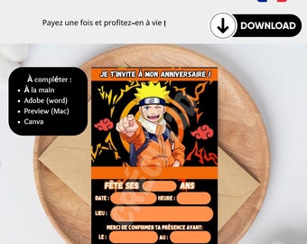 Téléchargement Numérique 4 Cartes d'invitation anniversaire enfant à télécharger et imprimer Thème Naruto En français Modifiable Canva