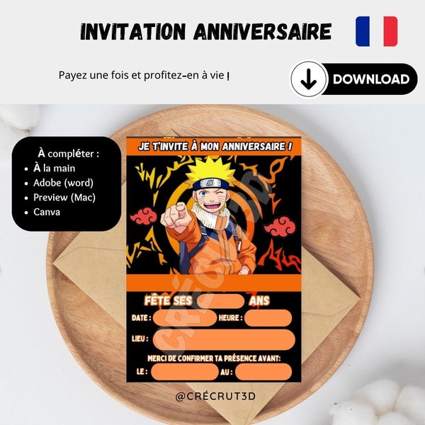 Téléchargement Numérique 4 Cartes d'invitation anniversaire enfant à télécharger et imprimer Thème Naruto En français Modifiable Canva