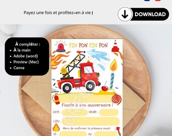 Téléchargement Numérique 4 Cartes d'invitation anniversaire enfant à télécharger et imprimer Pompier Incendie En français Modifiable Canva