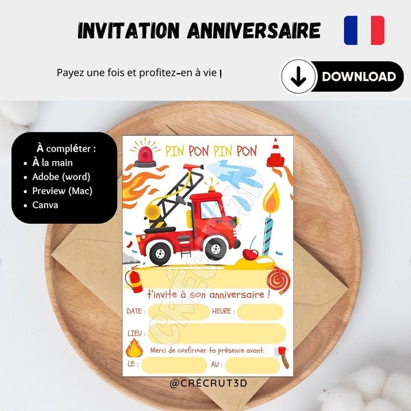 Téléchargement Numérique 4 Cartes d'invitation anniversaire enfant à télécharger et imprimer Pompier Incendie En français Modifiable Canva