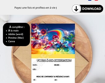 Téléchargement Numérique 4 Cartes d'invitation anniversaire enfant à télécharger et imprimer Thème Super Mario En français Modifiable Canva