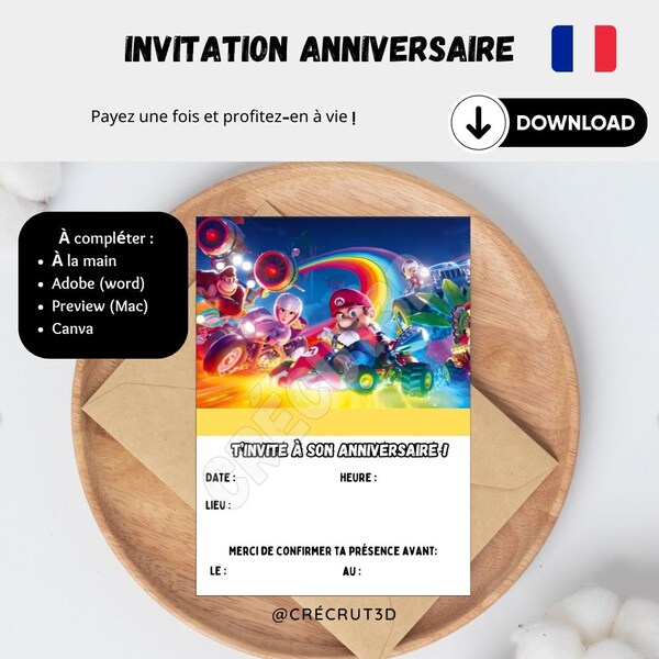Téléchargement Numérique 4 Cartes d'invitation anniversaire enfant à télécharger et imprimer Thème Super Mario En français Modifiable Canva