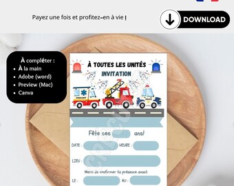 Téléchargement Numérique 4 Cartes d'invitation anniversaire enfant à télécharger et imprimer Ambulance Pompier En français Modifiable Canva