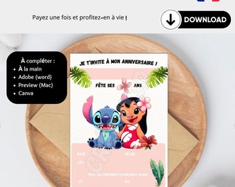 Téléchargement Numérique 4 Cartes d'invitation anniversaire enfant télécharger et imprimer Thème Lilo & Stitch En français Modifiable Canva