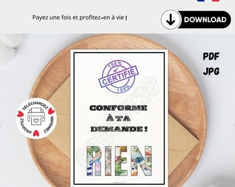 Téléchargement Numérique Carte RIEN Anniversaire Noël Pâques Félicitations Retraite- carte humour drôle à imprimer chez vous En français