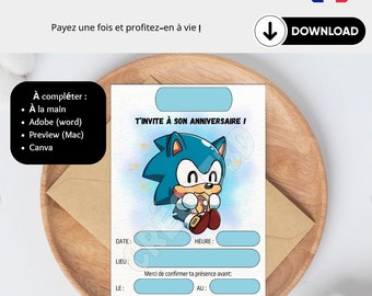 Téléchargement Numérique 4 Cartes d'invitation anniversaire enfant à télécharger et imprimer Thème chibi Sonic En français Modifiable Canva