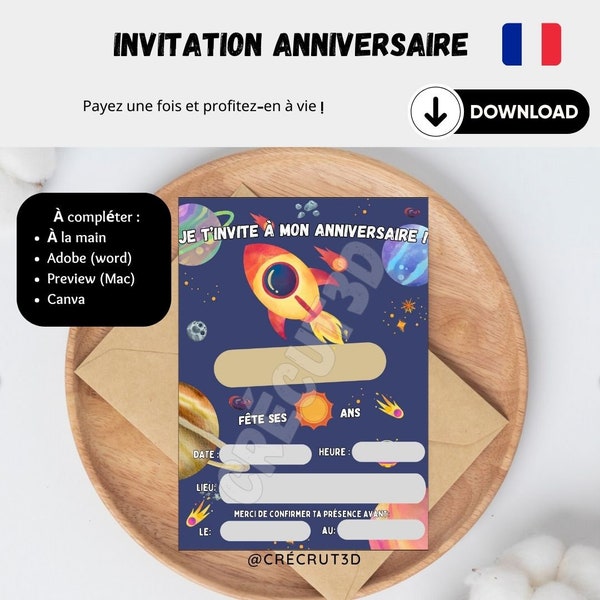 Téléchargement Numérique 4 Cartes d'invitation anniversaire enfant à télécharger et imprimer Fusée Espace En français Modifiable Canva