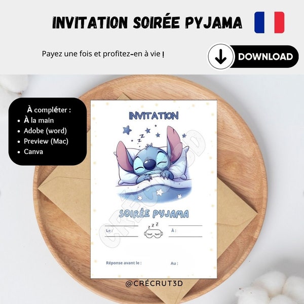 Téléchargement Numérique 4 Cartes d'invitation soirée pyjama enfant à télécharger et imprimer Thèm Stitch En français Modifiable Canva