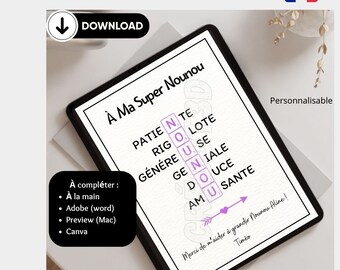 Téléchargement Numérique Carte Affiche Nurse Scrabble enfant poster Nounou cadeau dernière minute baptême à imprimer soi même En français