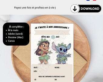 Téléchargement Numérique 4 Cartes d'invitation anniversaire enfant à télécharger et imprimer Thème les Stitch En français Modifiable Canva