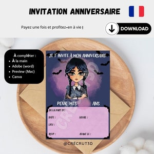 Carte d'invitation anniversaire enfant Template modifiable personnalisable. invitation en Français. Inspiration Wednesday Addams image 1