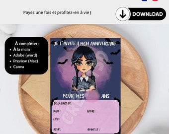 Carte d'invitation anniversaire enfant Template modifiable personnalisable. invitation en Français. Inspiration Wednesday Addams