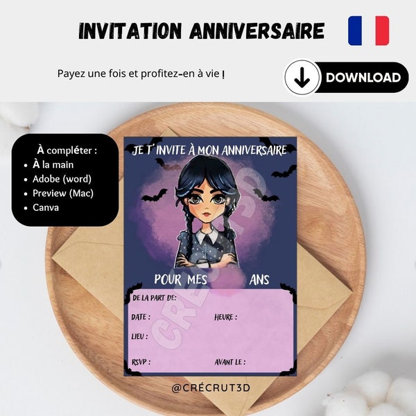 Carte d'invitation anniversaire enfant Template modifiable personnalisable. invitation en Français. Inspiration Wednesday Addams