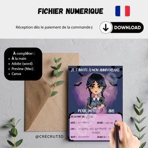 Carte d'invitation anniversaire enfant Template modifiable personnalisable. invitation en Français. Inspiration Wednesday Addams image 2