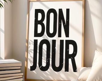 BONJOUR Poster Beige Hintergrund | BONJOUR Bild Wohnzimmer, Schlafzimmer oder Flur | Poster minimalistisch mit Text | Poster BONJOUR Weiß