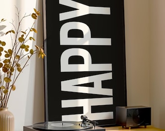 Happy Poster Schwarz Hintergrund | Happy Bild für Wohnzimmer, Schlafzimmer, Flur | Poster minimalistisch mit Text | Poster Happy Schwarz
