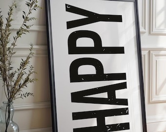 Happy Poster Beige Hintergrund | Happy Bild Wohnzimmer, Schlafzimmer oder Flur | Poster minimalistisch mit Text | Poster Happy Weiß
