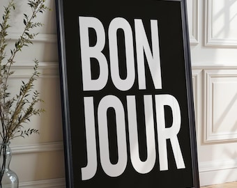 Bonjour Poster Schwarz Hintergrund | Bonjour Bild Wohnzimmer, Schlafzimmer, Flur | Poster minimalistisch mit Text | Poster Bonjour Schwarz