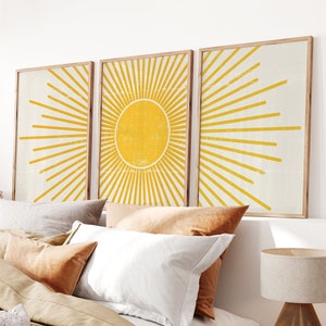 Boho Poster Set für Wohnzimmer, Schlafzimer oder Flur | Boho Sonne Wohnzimmer Bilder Set | Poster Set mit gelber Sonne | Sonnenposter