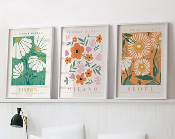 Flower Market 3er Poster Set || Blumen Poster für Wohnzimmer, Schlafzimmer oder Küche || Abstrakte Kunst Poster Wanddekoration mit Rahmen