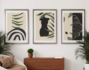 Abstraktes Boho Poster Set fürs Wohnzimmer oder Flur | Boho Dekoration | Bilderwand Decor | Beige Grün Poster Set