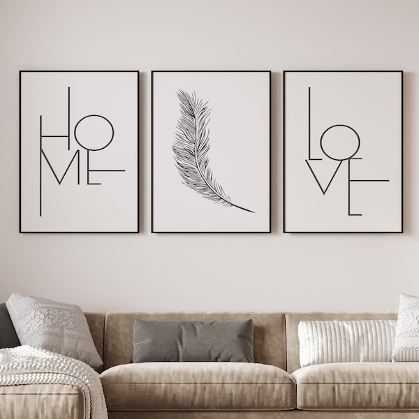 Minimalistisches Poster Set für Wohnzimmer oder Flur | Home Poster Set in Grau | XXL 60x90 Poster Set für Wohnzimmer | A4 & A3 Bilderrahmen