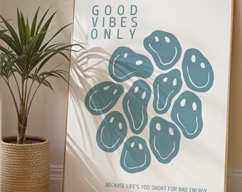 Good Vibes Only Smiley Poster für Wohnzimmer, Schlafzimmer, Flur | Smiley Wandbild Blau | Poster mit Spruch | Mindset Poster | Poster Blau
