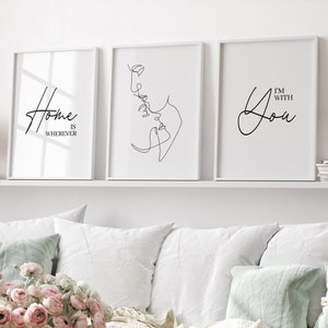 Poster set for bedroom or living room "Home is where..." || Picture set with saying and line || Gift idea for her for Valentine's Day