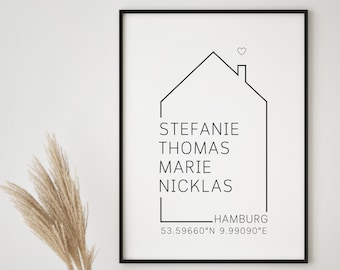 Póster familiar personalizado con coordenadas | Cartel familiar de casa con casa y coordenadas | A4 y A3 con marcos de madera