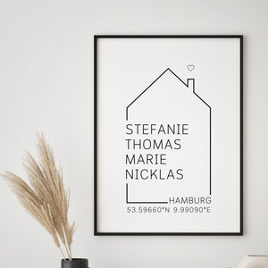 Personalisiertes Familien Poster mit Koordinaten | Familienposter Zuhause mit Haus und Koordinaten | A4 & A3 mit Holz Bilderrahmen