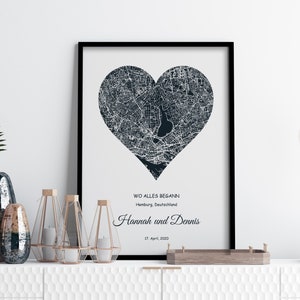Personalisiertes Herzkarte Poster | Personalisiertes Poster Stadtkarte mit Namen und Wunschtext | Geschenk zum Valentinstags für Ihn und Sie