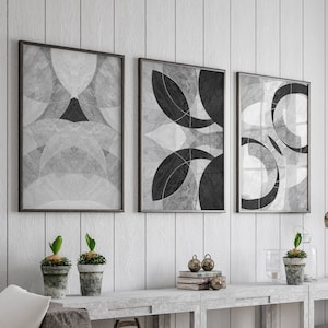 Wohnzimmer Poster Bilderset | Abstrakte Kunst in Schwarz-Weiß-Grau | Poster Set für Wohnzimmer oder Flur bis 60x90cm Poster